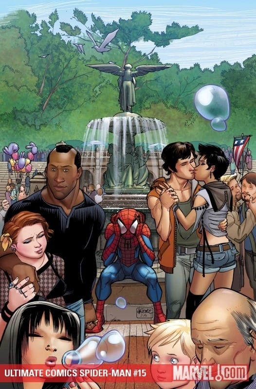 Kissing gay couple on Spider-man cover. Yay Marvel