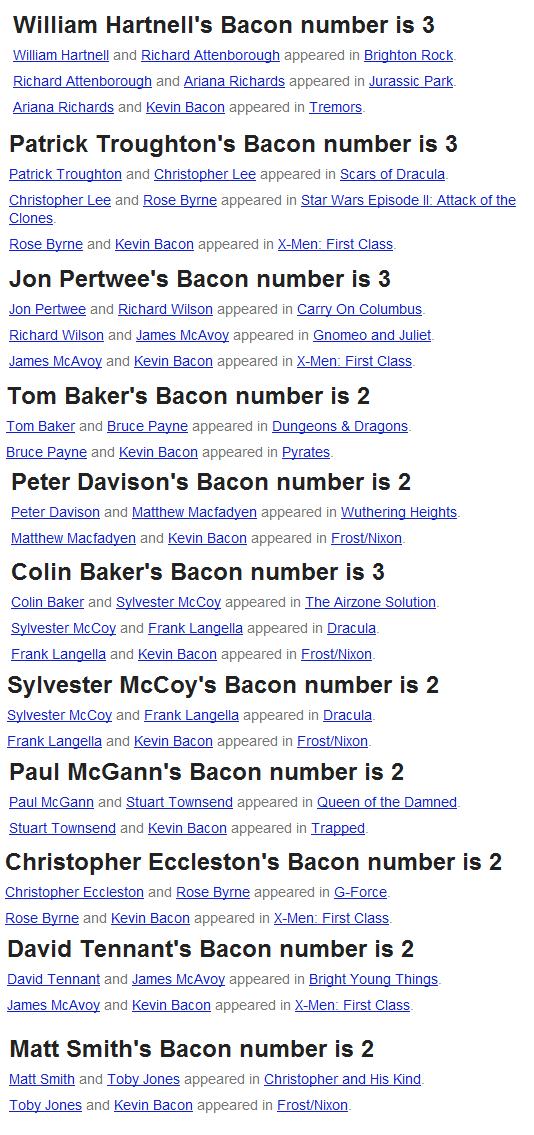Which Doctor Who actors have the lowest Bacon number?