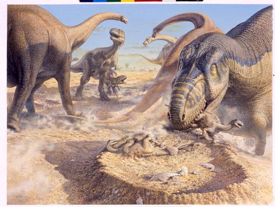 John.Sibbick_Aucasaurus attacking Titanosaur nests iow -300