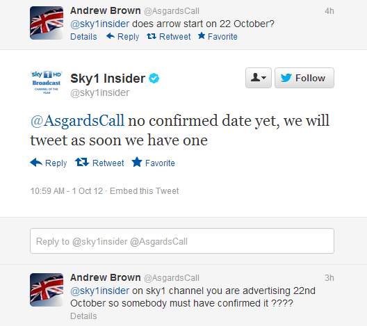 Sky isn't sure when Arrow starts on Twitter