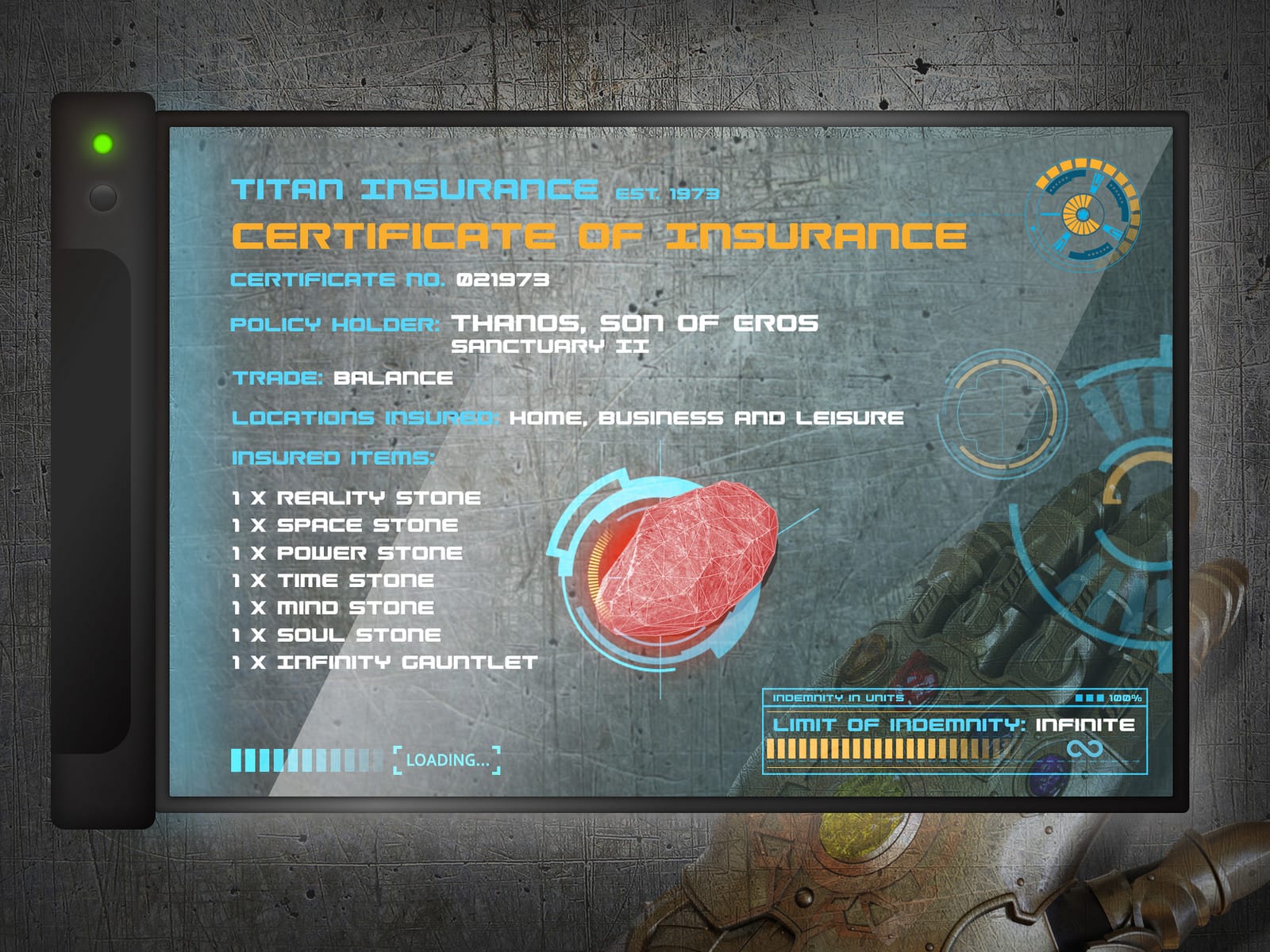 Thanos' Insurance Certificate