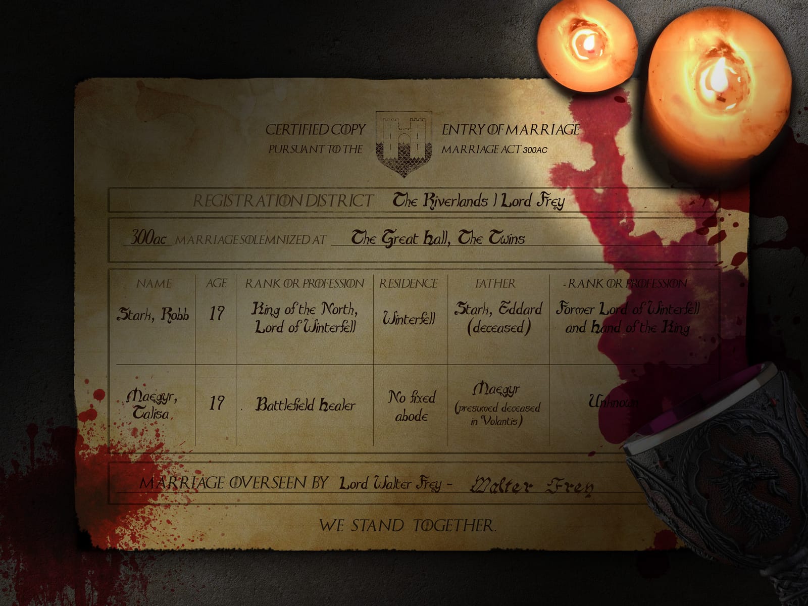 Robb and Talisa Stark's Marriage Certificate