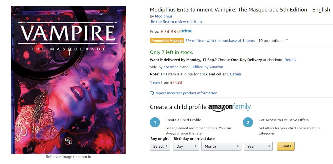 Vampire the Masquerade 5e on  for twice the recommended price