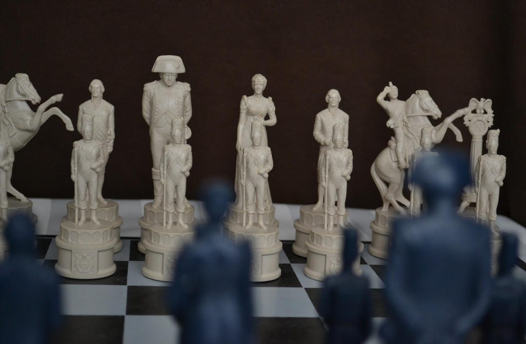 White versus Blue Napoleonic Army chess set.
