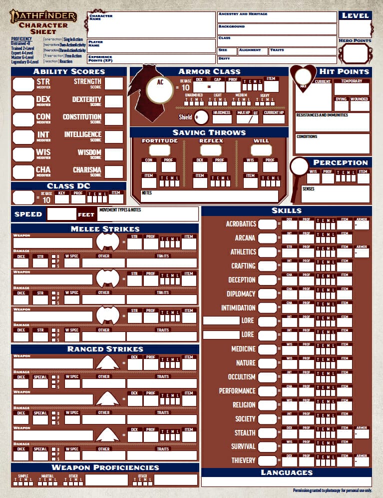 Here's what the Pathfinder 2e character sheet looks like