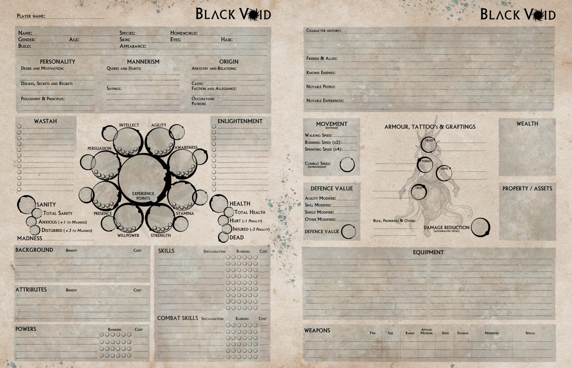 Two-paged Black Void character sheet