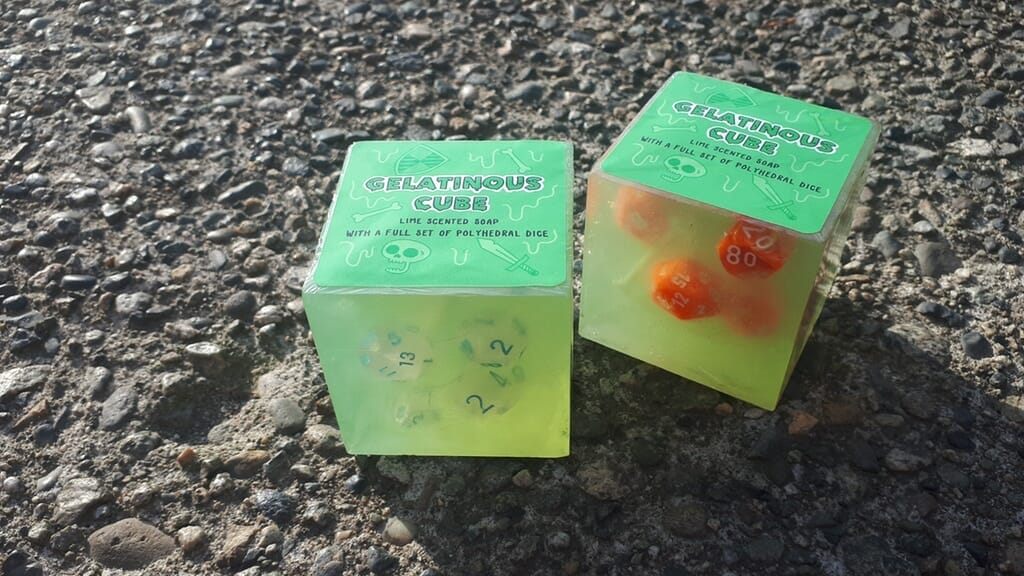 These Gelatinous Cube soaps have polyhedral dice inside
