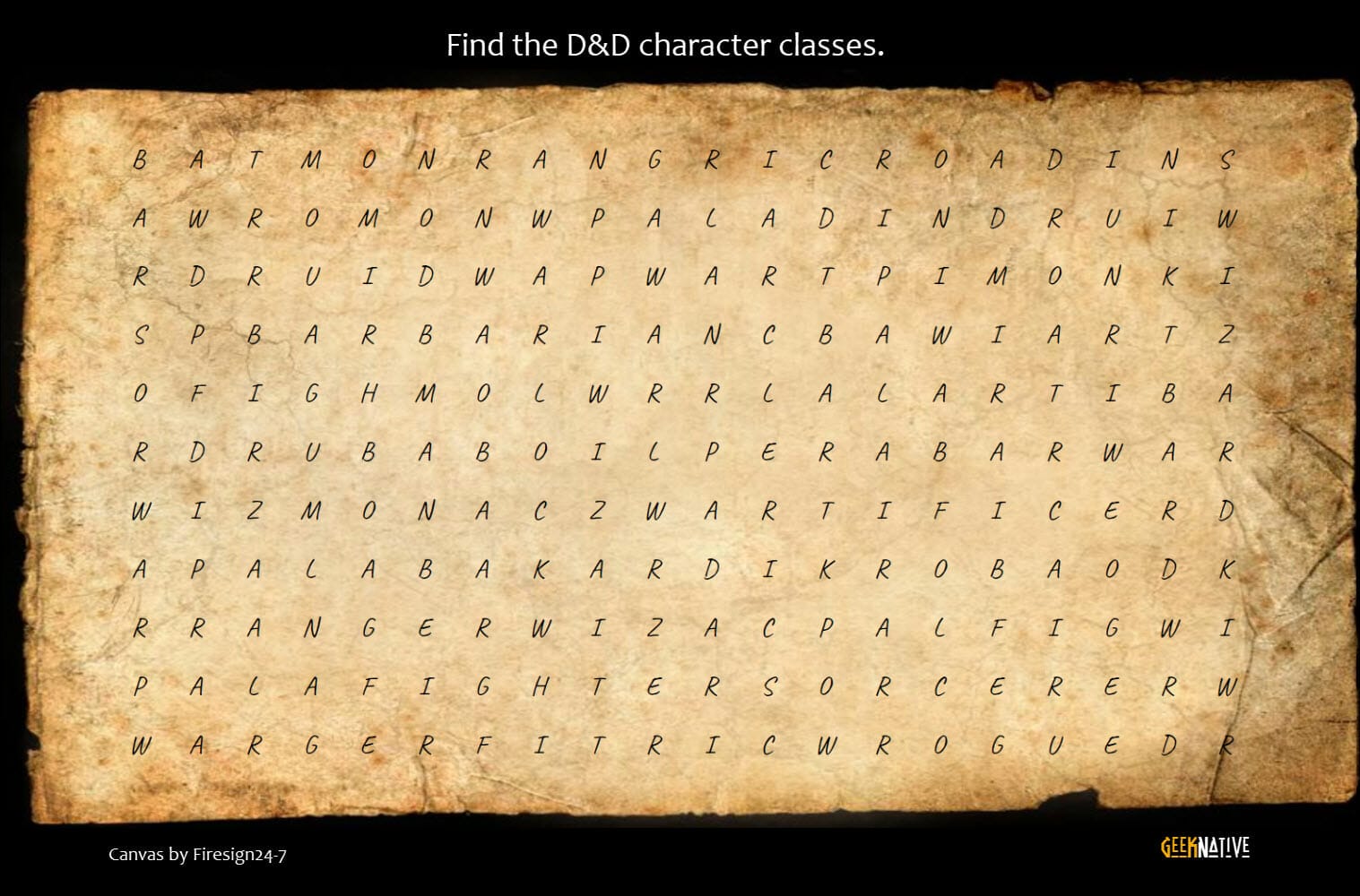 D&D character class word search