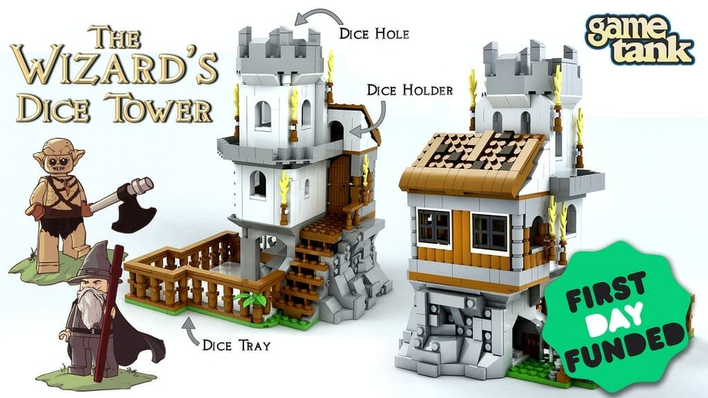 A Wizard's dice tower made out of little plastic hobby bricks a