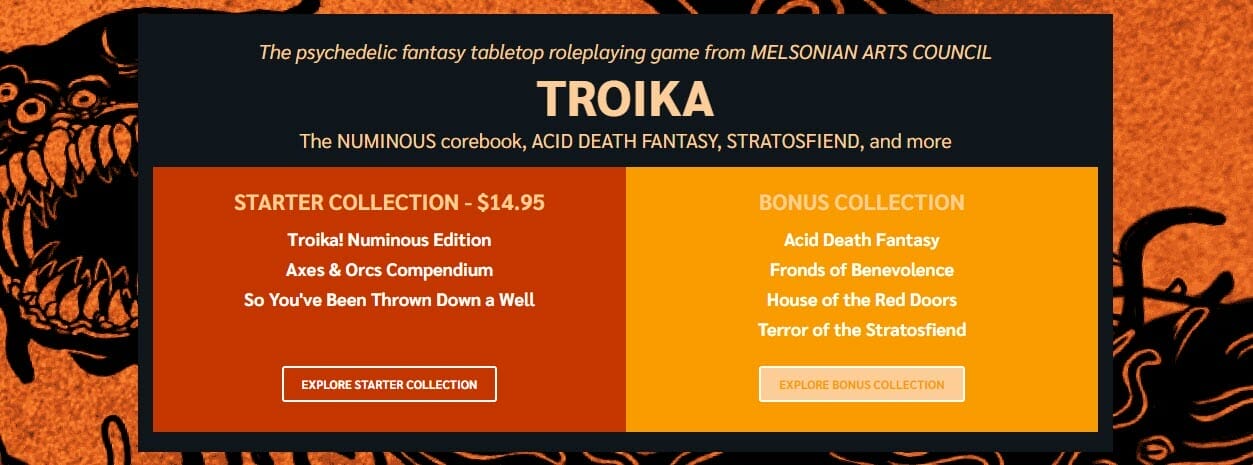 The psychedelic fantasy RPG Troika lists in the Bundle of Holding