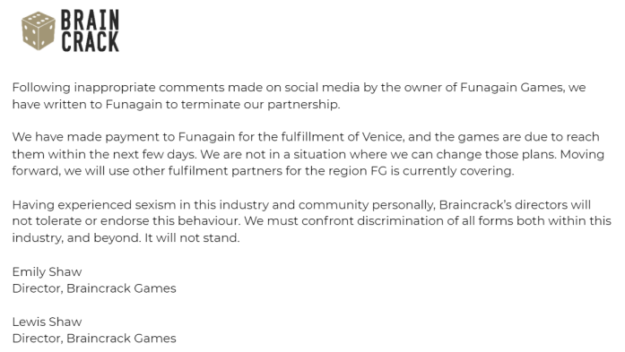 Statement from Braincrack games which fires Funagain Games over sexism row
