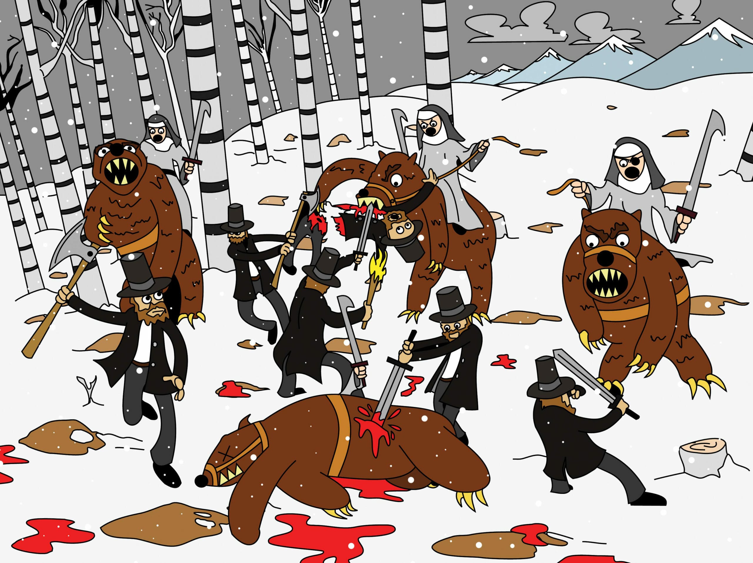 Here we can see warrior nuns riding attack bears in a melee against Lincoln clones armed with axes.