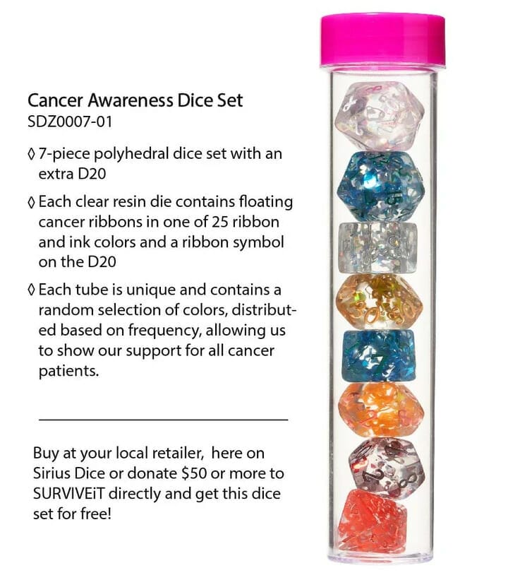 The cancer awareness dice come in packs of 8; the 7 standard gaming dice and an extra d20, because Sirus know their market.