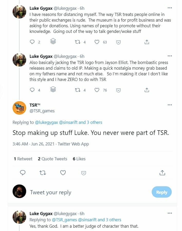 Screengrab showing TSR games accusing Luke Gygax of making stuff up