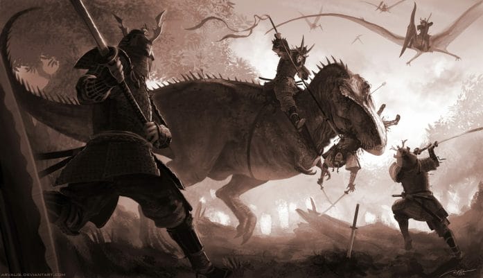 T-Rex vs Samurai by arvalis