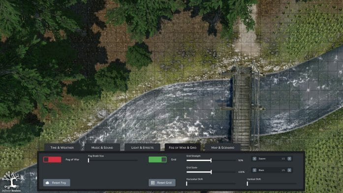Screengrab showing bridge crossing river as a battle map with controls