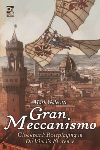 Gran Meccanismo cover shows flying machine in the city skies
