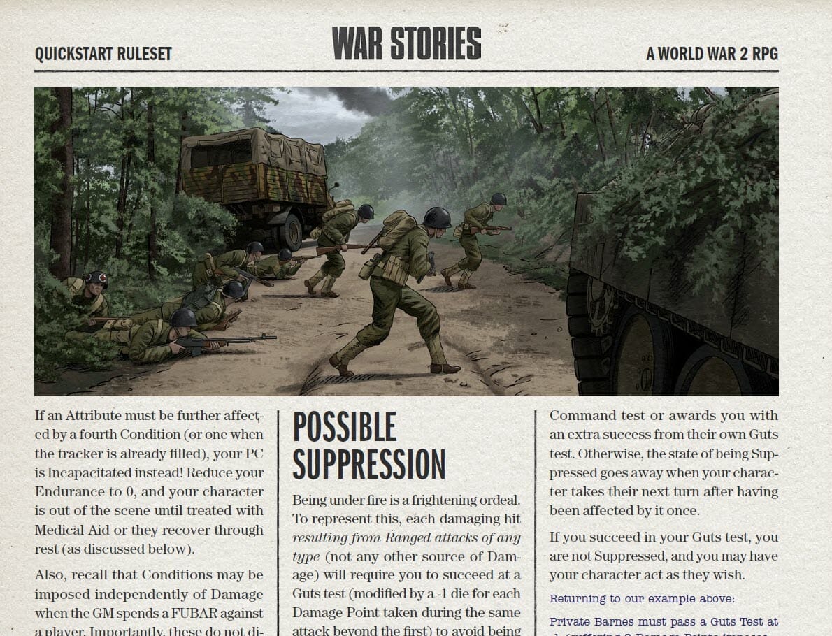 War Stories layout example - image and intro to Possible Suppression