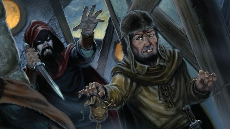 Ravensrook cover - dagger wielding man attacks from shadows