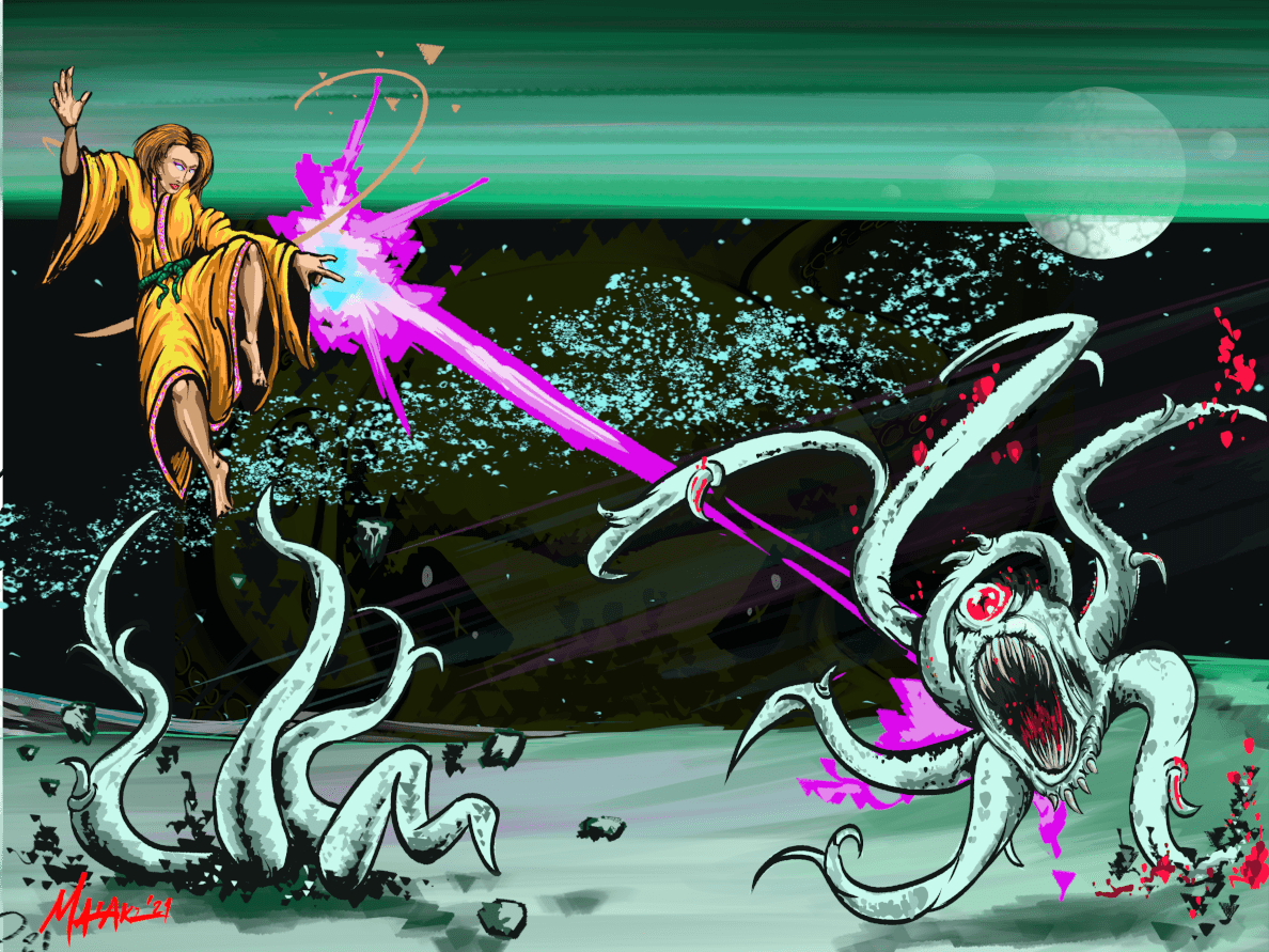 Wizard in yellow robe blasts tentacle monster