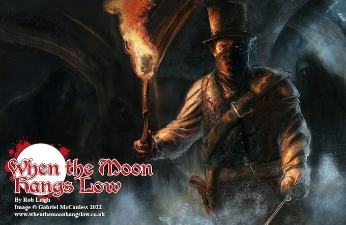 When the Moon Hangs Low art by Gabriel McCanless. A masked man in a top hat and soot stained clothes holds a burning torch. 
