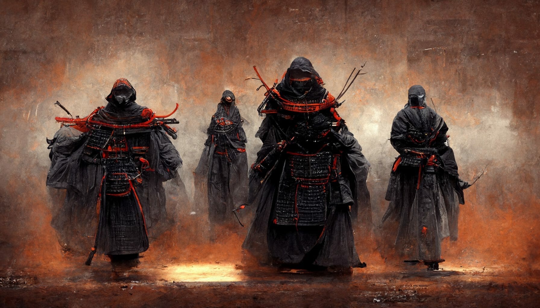 Black clad ronin stand with swords on their backs