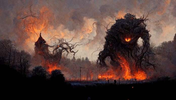 A village burns and a strange monster of wood and fire rises up with a single red eye staring down