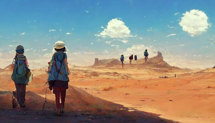 Tired travellers walk into the desert