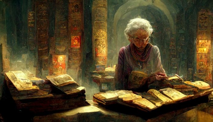 Wise person reads from scrolls of lore