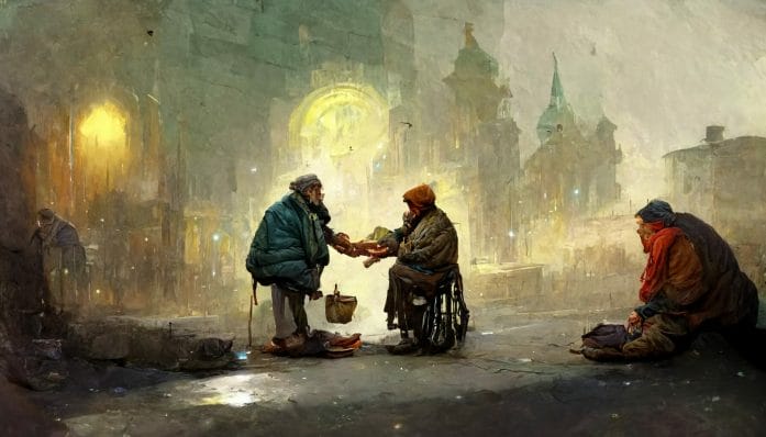 Kindness in a bleak world - something changes hands between two bedraggled people