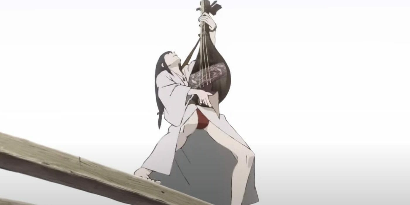 Priest plays biwa like a guitar