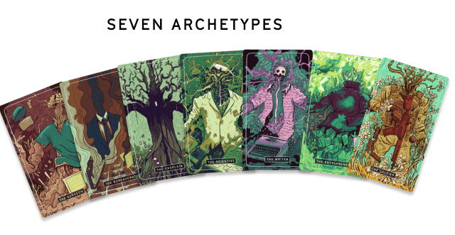 Raphael D'Amcio archetype cards showing in an arching row