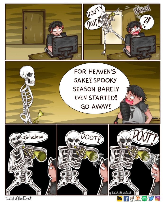 Skeleton bursts into the room dooting on a trumpet