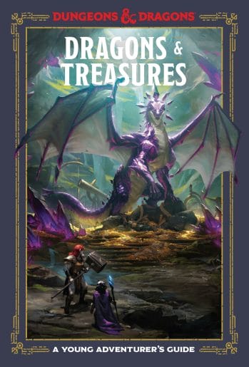 Dragons & Treasures cover - two heroes find a huge purple dragon in underground chamber