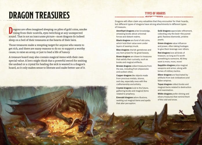 Dragons & Treasures preview - types of hoards table with image of sleeping dragon