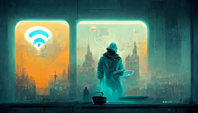 Wifi hacker - surreal image of person in city room