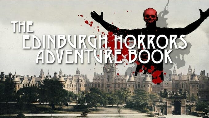 The Edinburgh Horrors Adventures Book cover - red skull over an Edinburgh skyline