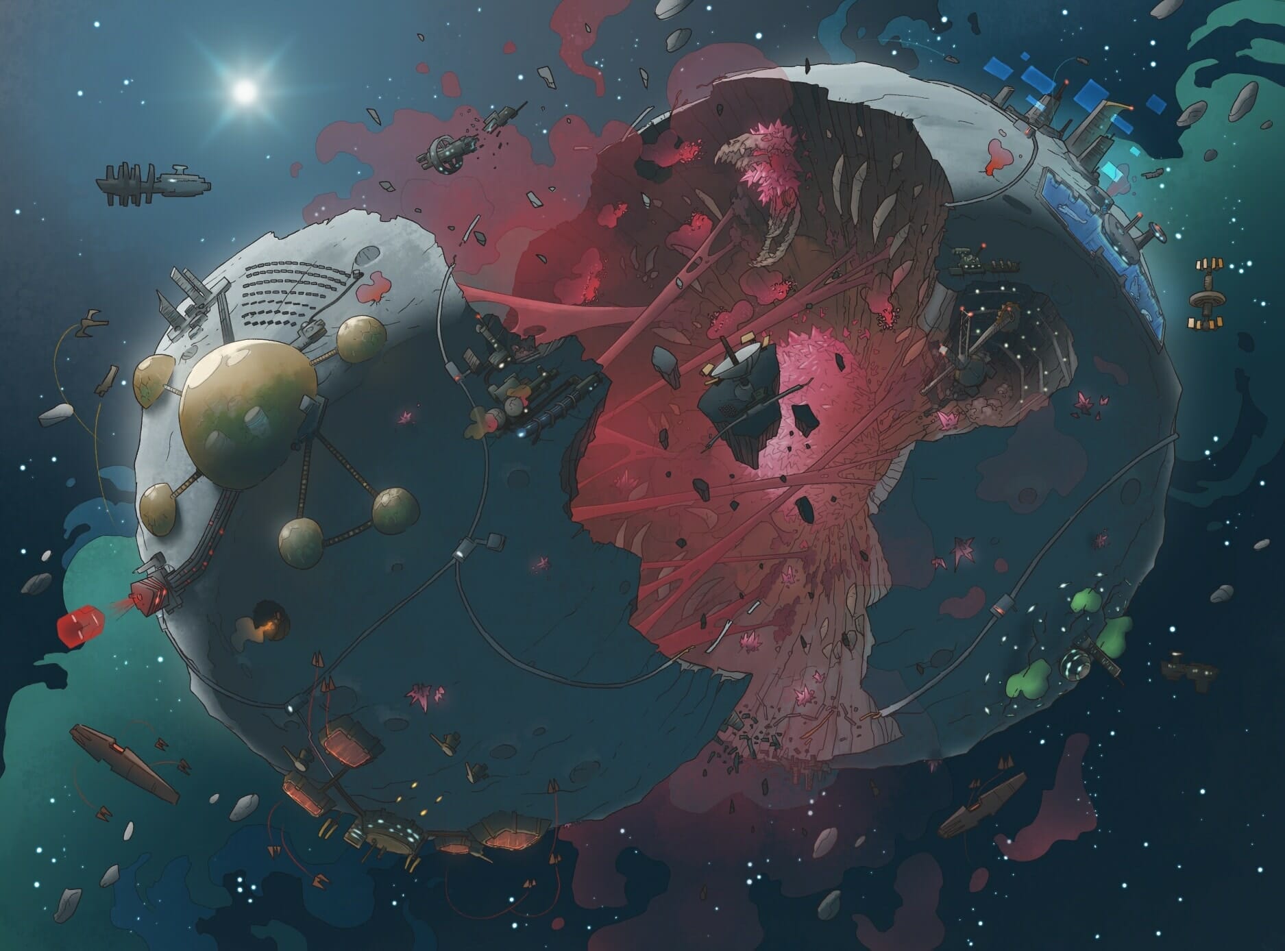 sci-fi art: broken planet/round space station