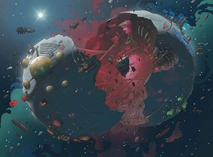 sci-fi art: broken planet/round space station