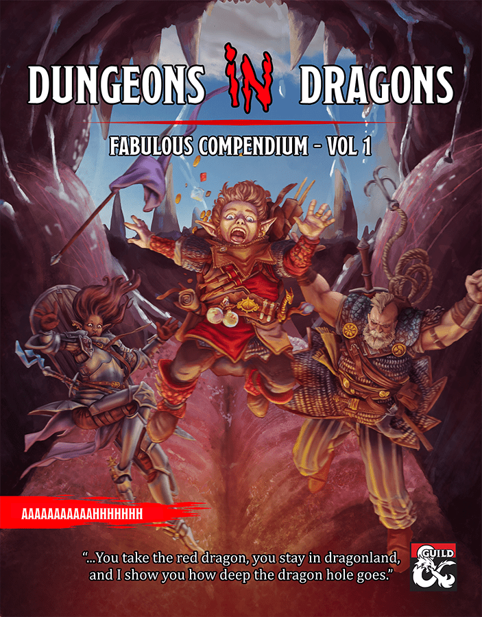Dungeons IN Dragons cover - heroes falling into something (a mouth?)