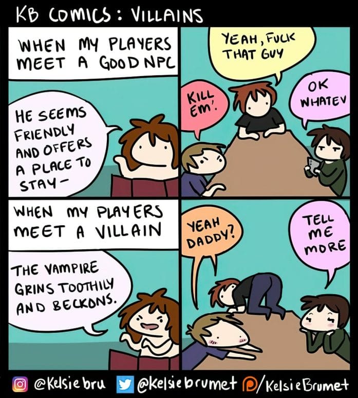 Four panel strip showing players ignore the good NPC and liking the baddie.