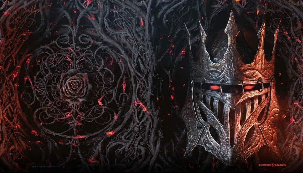 D&D: Dragonlance Shadow of the Dragon Queen alt cover design; shows a helmet with glowing red eyes