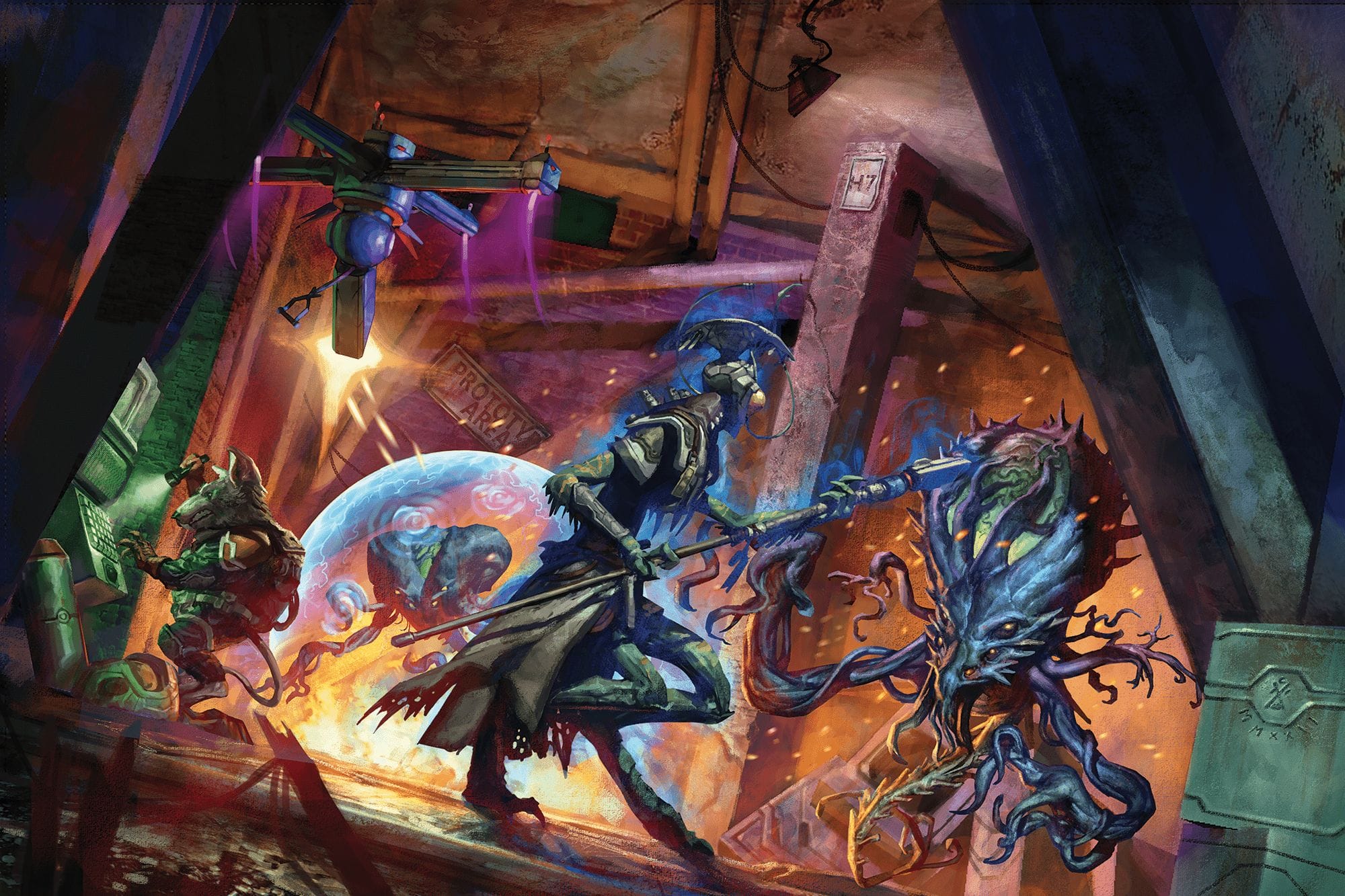 Starfinder's Drift Hackers Players Guide art shows aliens in sci-fi combat