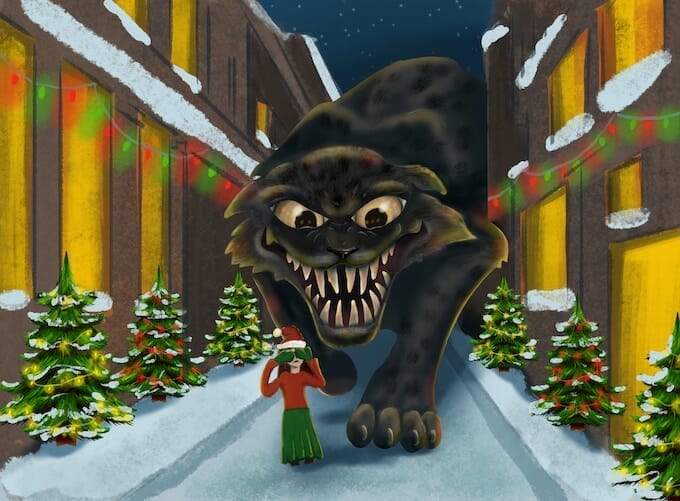 Giant Yule Cat stalks figure wearing a Christmas outfit