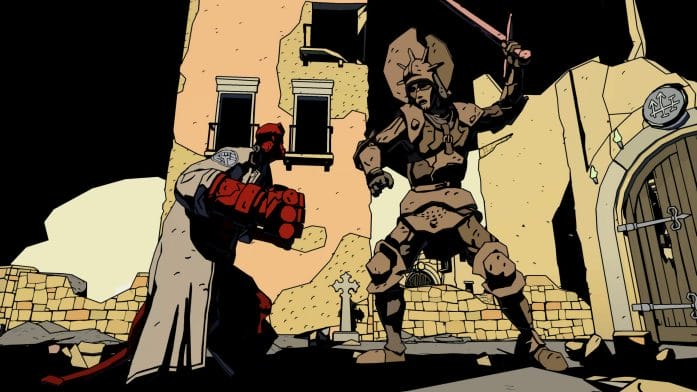 Hellboy Web Of Wyrd  - Hellboy fights a statue warrior