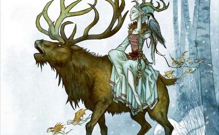 Vaesen's Seasons of Mystery cover - fairy sits on elk roaming the winter woods