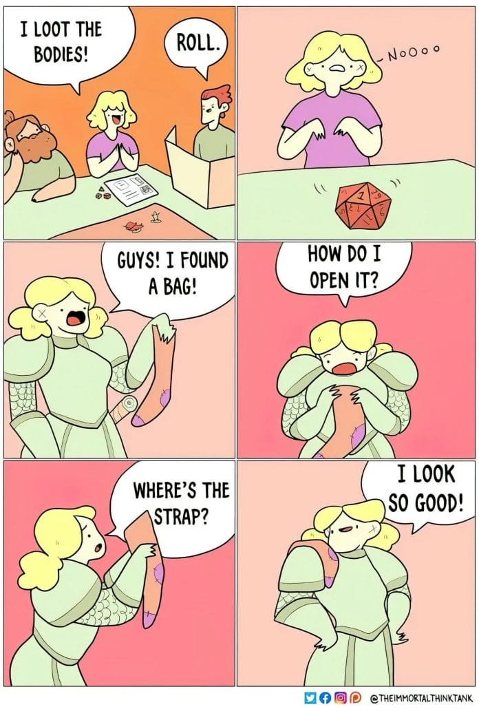 Six panel comic where an adventurer mistakes a sock for a bag.