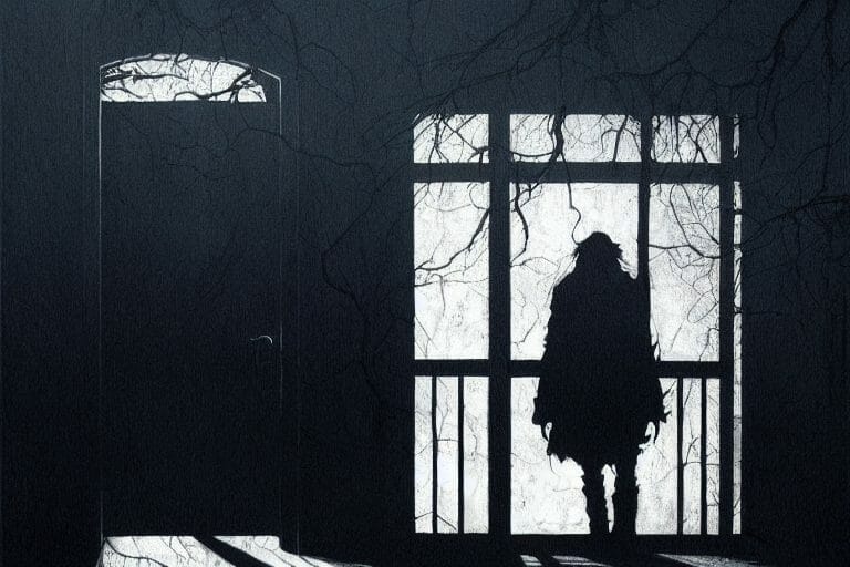 Bedraggled figure as a shadow in the doorway