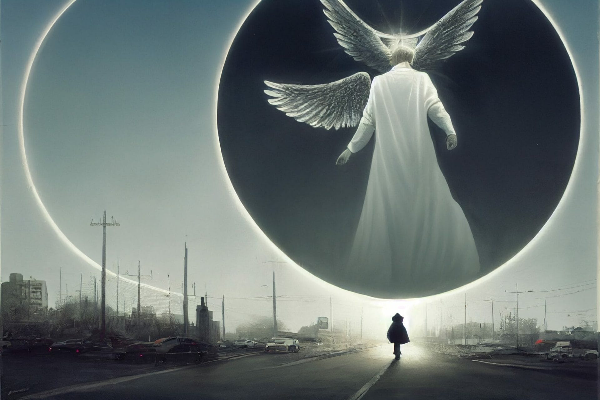 An angelic figure walks down a modern city street