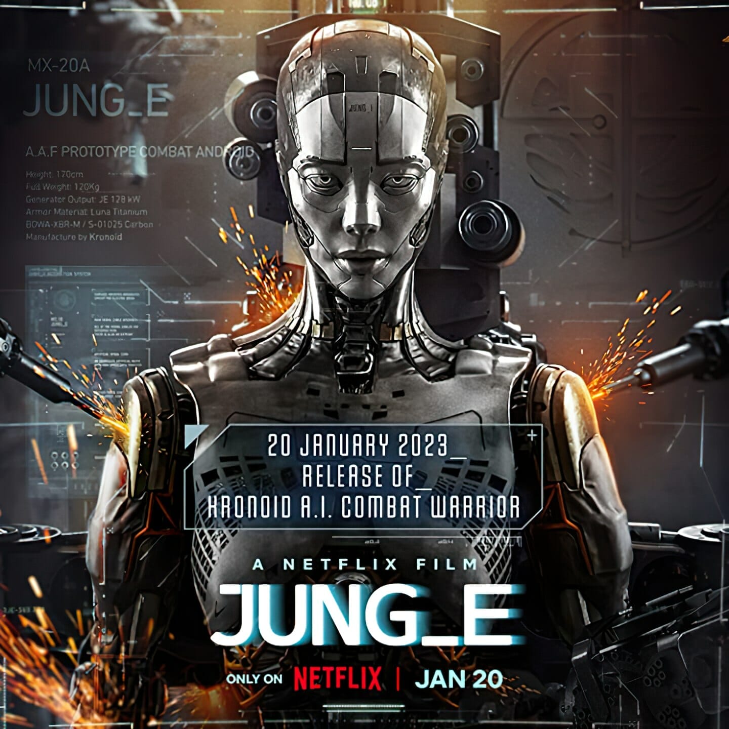JUNG_E poster with launch date and android torso